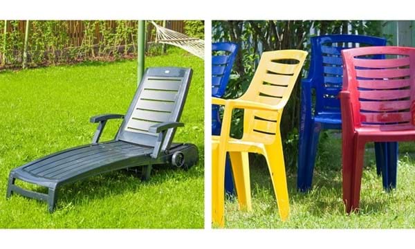 A plastic patio lounger and some plastic chairs