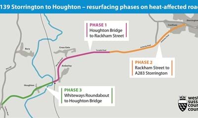 Illustrative map of the resurfacing works between Storrington and Houghton because of the July extreme heat