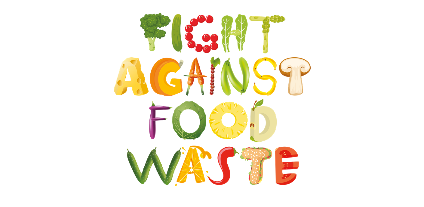 nojs Fight against food waste written using different fruits and vegetables.