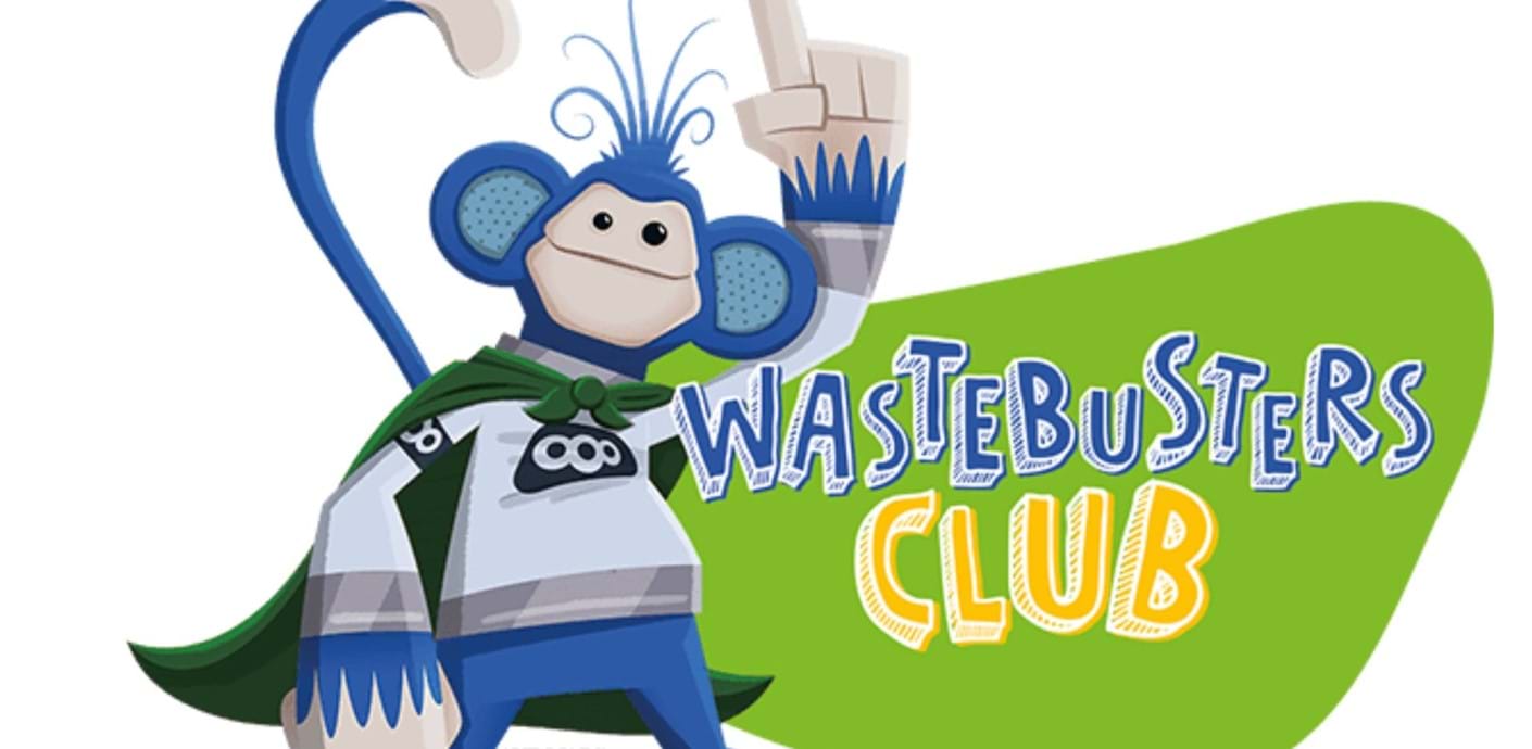 nojs An illustration of a monkey in a cape holding up its index finger with the words 'Wastebusters club' next to it.