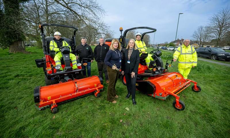 Pictured with two new cut and collect mowers, purchased with Greenprint project funding, are (from left) Grasstex Operative Adam Peacock, Grasstex Managing Director Roger Wragg and Contracts Manager Simon King, Cllr Joy Dennis, the county council’s Cabinet Member for Highways and Transport, Michele Hulme, the council’s Head of Local Highway Operations, Grasstex Grounds Manager Lukas Ozana, and Brian Lambarth, the council’s Greenprint Service Delivery Manager