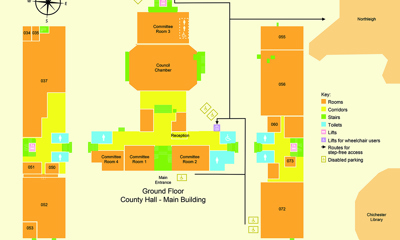 Ground floor map of accessible routes on the County Hall campus in Chichester