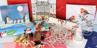 Christmas wrapping, cards, bows and decorations.