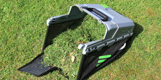 A lawn mower grass collector filled with cuttings.