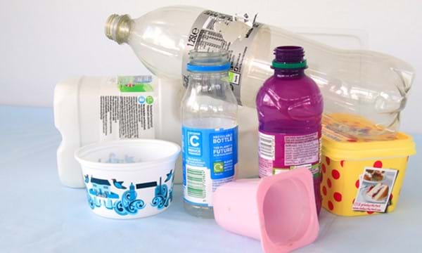 Plastic bottles, a yoghurt pot and other plastic containers.