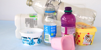 Plastic bottles, a yoghurt pot and other plastic containers.