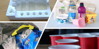 Various items of plastic, including bags and bottles in a collage.