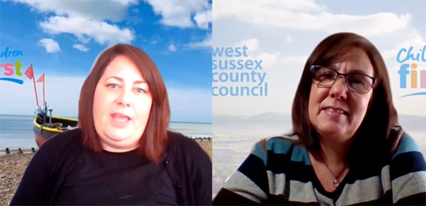 Video still of two social workers discussing working in West Sussex