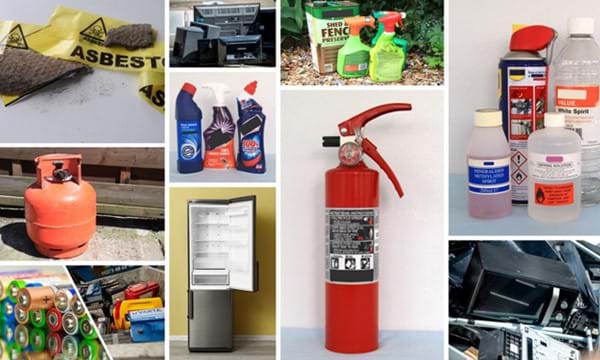 A collage of a variety of hazardous household wastes.