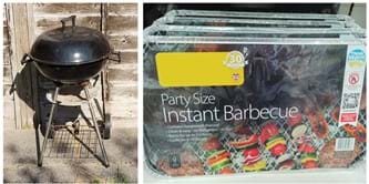 A kettle barbeque and a disposable barbeque.