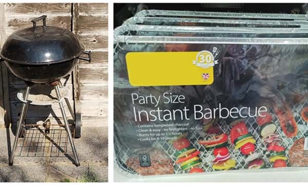 A kettle barbeque and a disposable barbeque.