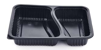 A black plastic convenience meal tray. 