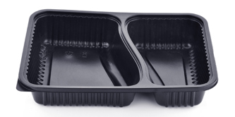 A black plastic convenience meal tray.