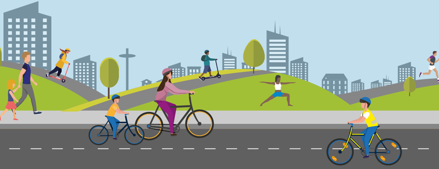 Illustration of adults and children riding bikes, using scooters, walking and running
