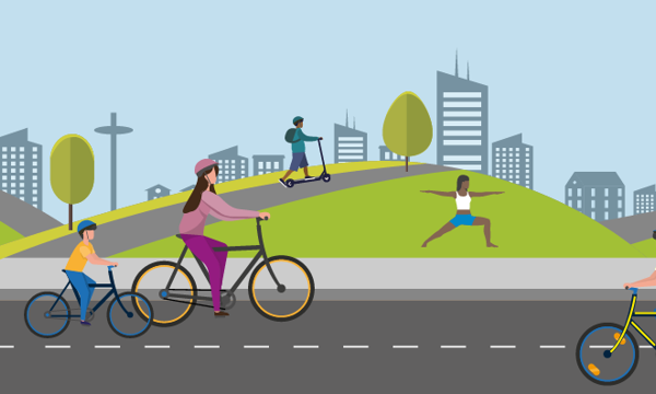 Illustration of adults and children riding bikes, using scooters, walking and running