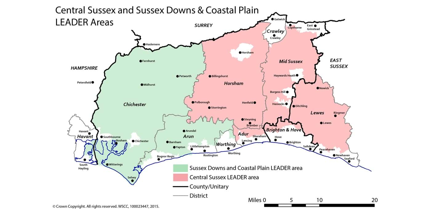 nojs Map of West Sussex showing Leader areas for Central Sussex, Sussex Downs and Coastal Plain