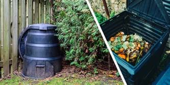 Two plastic composters - one shown full, one from a distance.