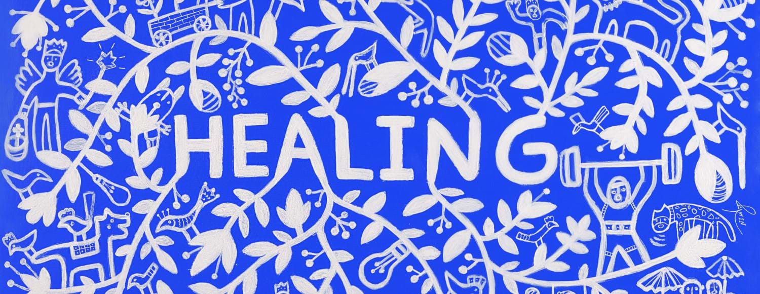 White abstract illustrations and the word healing on a blue background. Image by Nima Javan for Refugee Week.