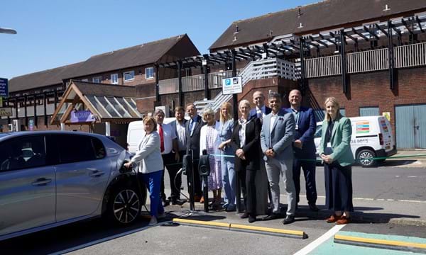 Partnership approach: representatives from West Sussex County Council, Adur and Worthing Councils, Arun District Council, Crawley Borough Council, Horsham District Council, Mid Sussex District Council and Connected Kerb join in celebrating the launch of the largest-ever local authority roll-out of electric vehicle charging points in the UK