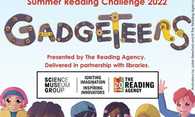 Cartoons of children from the Gadgeteers along with details of organisations involved in the summer reading challenge.