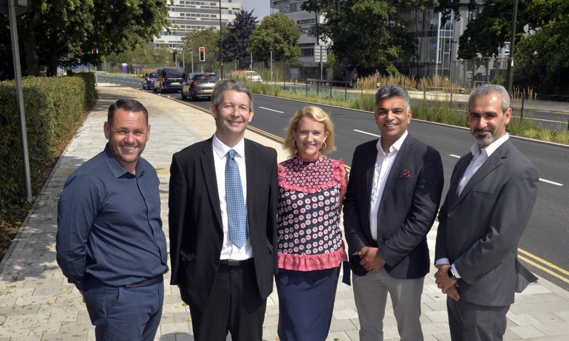 Key stakeholders gather to celebrate the Eastern Gateway project’s completion. From left, Colin Bexley, Project Manager with principal contractor VolkerFitzpatrick, Duncan Crow, County Council Cabinet Member for Community Support, Fire and Rescue, Marie Ovenden, the County Council’s Growth Programme Delivery Manager, Councillor Atif Nawaz, Cabinet Member for Planning and Economic Development at Crawley Borough Council, and Ayad Hassan from consultants WSP
