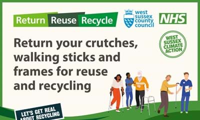 Bin sticker with illustrations of people using walking aids with the words Return. Reuse. Recycle. Return your crutches. walking sticks and frames for reuse and recycling. Let's get real about recycling week #RecyclingWeek. Includes the West Sussex County Council, NHS and West Sussex Climate Action logos.