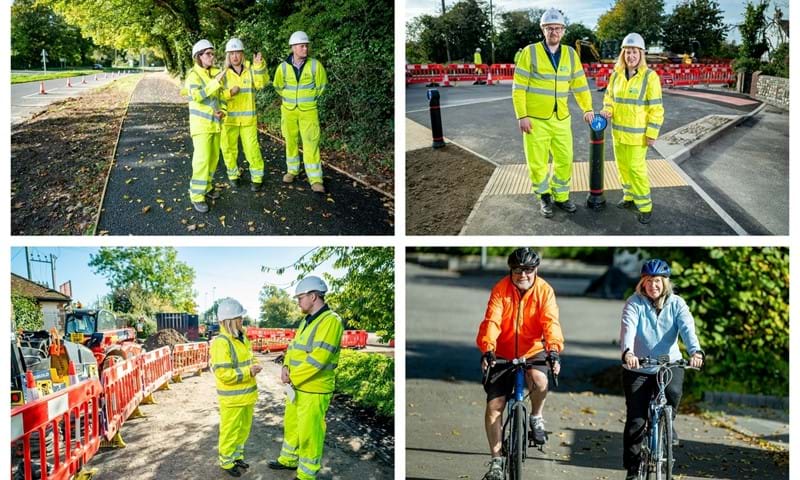 Clockwise, from top left: Project Manager Tracey McGovern, Cabinet Member Joy Dennis and Tim Macaulay, Contracts Manager with contractor Landbuild, in Findon; Project Manager Lee Maskell with Joy in Steyning Road, Shoreham; Joy Dennis takes the opportunity for a quick bike ride and catch-up with the County Council’s Cycling Champion, Cllr Sean McDonald, after they visited the Findon site; Joy with Project Manager Lee Maskell at the scheme off the A259 at Drayton