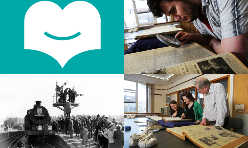 Images clockwise from top left: Love your local library logo, a man looking at a document through a magnifying glass, a black and white photo of a train from 1955 and several people looking at a number of documents spread out over a large table. 