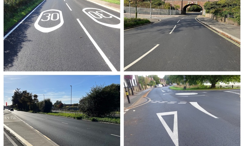 Picture montage: clockwise, from top left, ‘after’ photos following resurfacing at: the B2133 Guildford Road, Loxwood, B1267 Spring Gardens, Southwick, A286 North Street, Midhurst, and the A29 Shripney Road in Bognor Regis