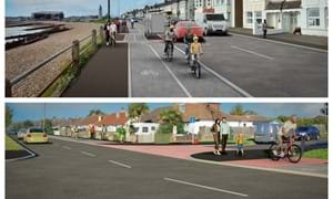 Top: An artist’s impression of A259 Shoreham to Brighton & Hove boundary 2-way cycle route, footway and bus stop. Bottom: An artist’s impression of Lancing and Sompting ‘raised table’ traffic-calming feature across Abbey Road