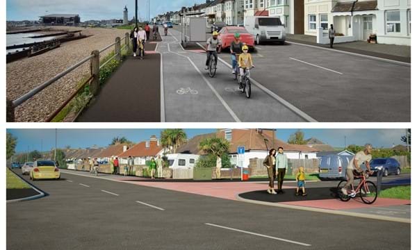 Top: An artist’s impression of A259 Shoreham to Brighton & Hove boundary 2-way cycle route, footway and bus stop. Bottom: An artist’s impression of Lancing and Sompting ‘raised table’ traffic-calming feature across Abbey Road