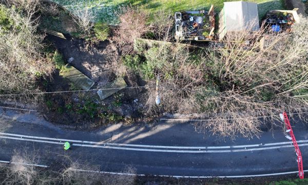 Aerial photo showing landslide on A29