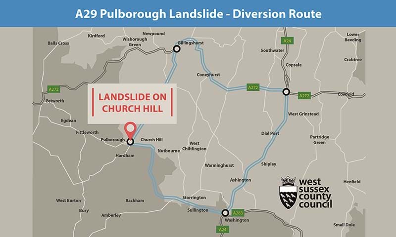 Map showing A29 Pulborough landslide diversion route
