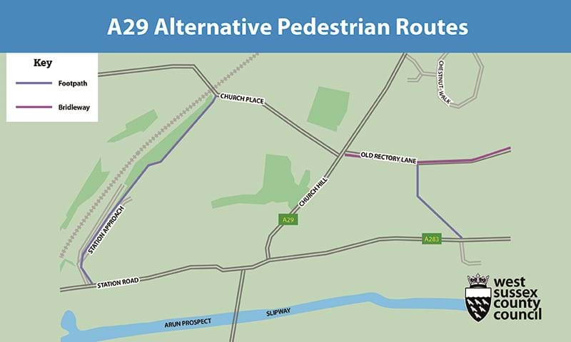 Map showing A29 alternative pedestrian routes
