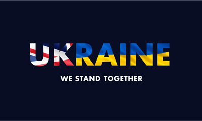 Word Ukraine spelt out with blend of the British and Ukraine flags within the letters