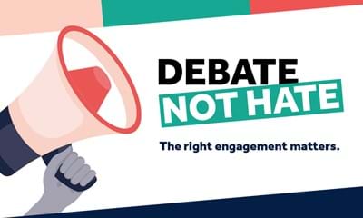 A megaphone is raised with words 'Debate Not Hate, the right engagement matters' on its side.