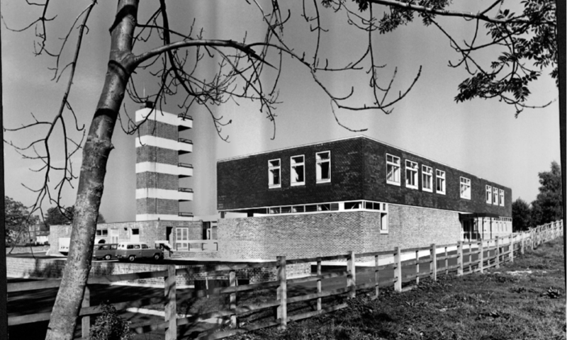 Black and white photograph which shows Horsham Fire Station and the drill tower when it was first built.