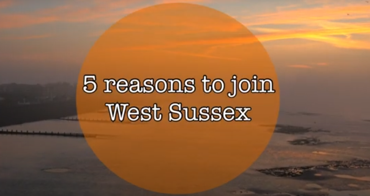 Still capture of video title screen "5 reasons to join West Sussex". Video content as described by the text on the page "Roles, pay and benefits".