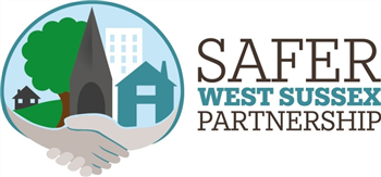 The safer West Sussex logo. Two hands shaking in front of a tree and buildings.