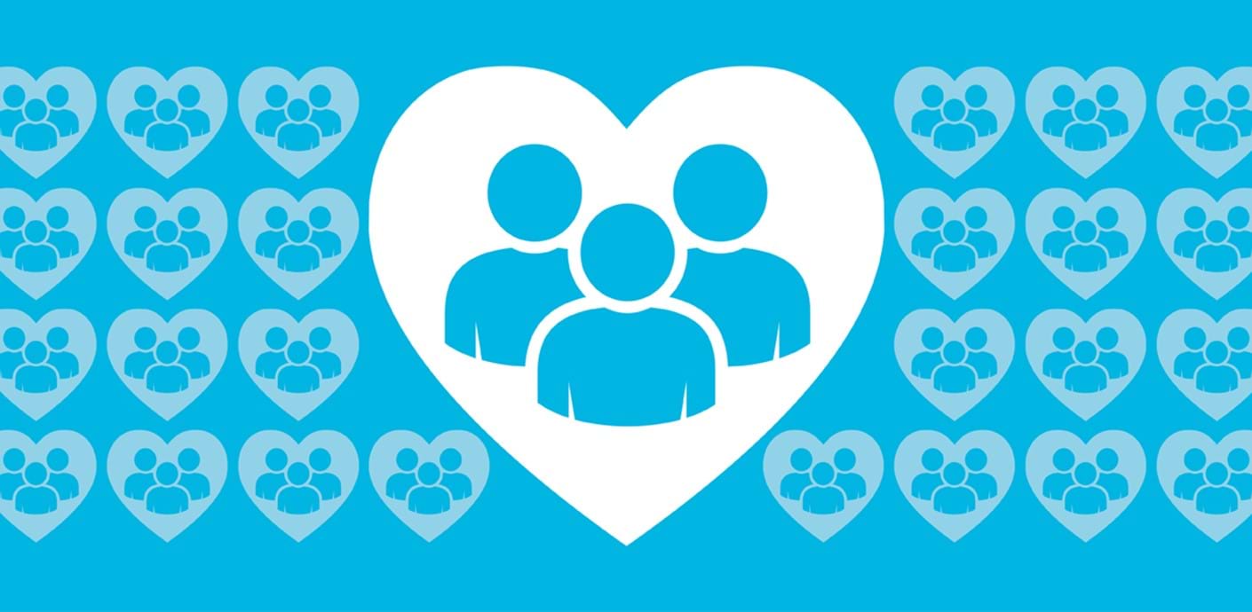 nojs Customer services logo - heart shapes with silhouettes of people on a blue background