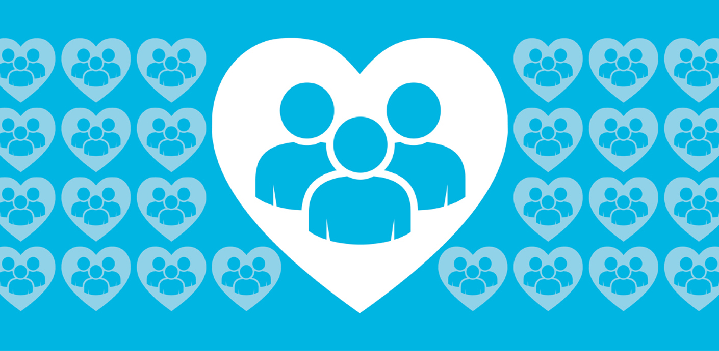 nojs Customer services logo - heart shapes with silhouettes of people on a blue background
