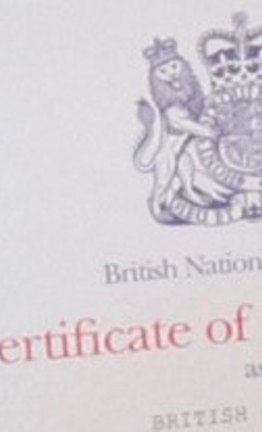 A cropped certificate of naturalisation