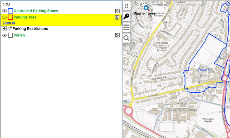 Find in layer tool in use with controlled parking zones.