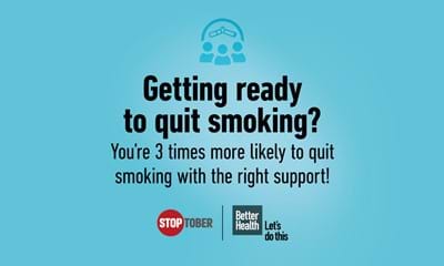 Black text on blue background. Text says "Getting ready to quit smoking? You're 3 times more likely to quit smoking with the right support!"