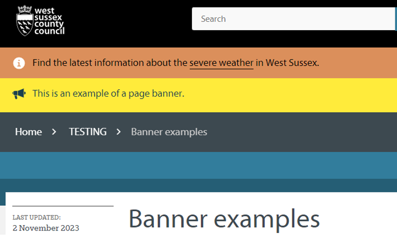 Screenshot of a web page showing two banners, one orange, one yellow.