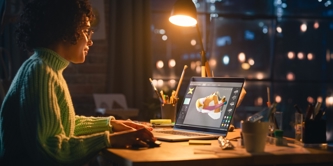 A person working on a laptop in the dark