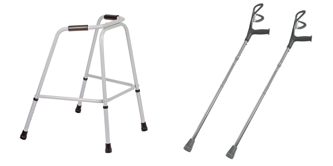 A walking frame and crutches.