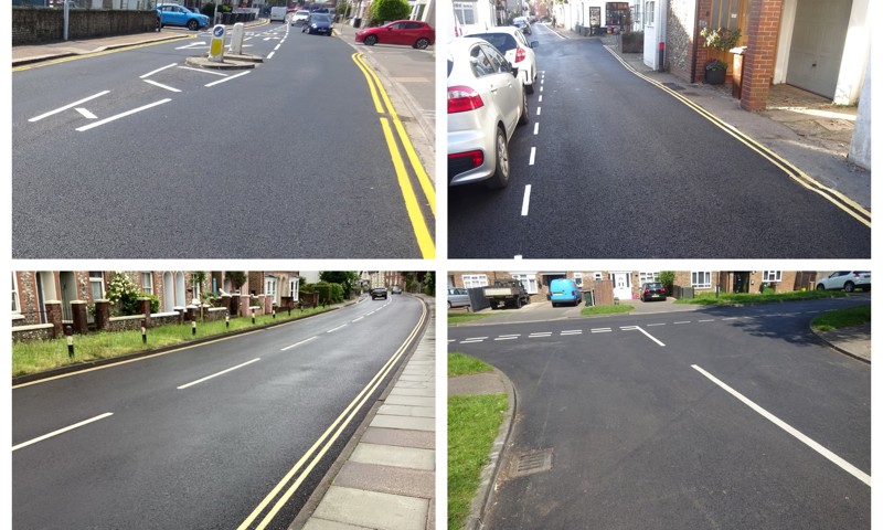Clockwise from top left: road resurfacing in Newland Road, Worthing, Tarrant Street, Arundel, and Blackwater Lane, Crawley, all completed in the 2023/24 financial year, and road resurfacing completed in Orchard Street, Chichester, recently