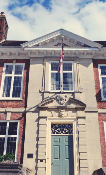 Looking up at the front entrance