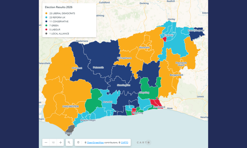 Map illustrating the results of the West Sussex County Council election 2026 by each division. Click on the link below to access the details of the map in full. 